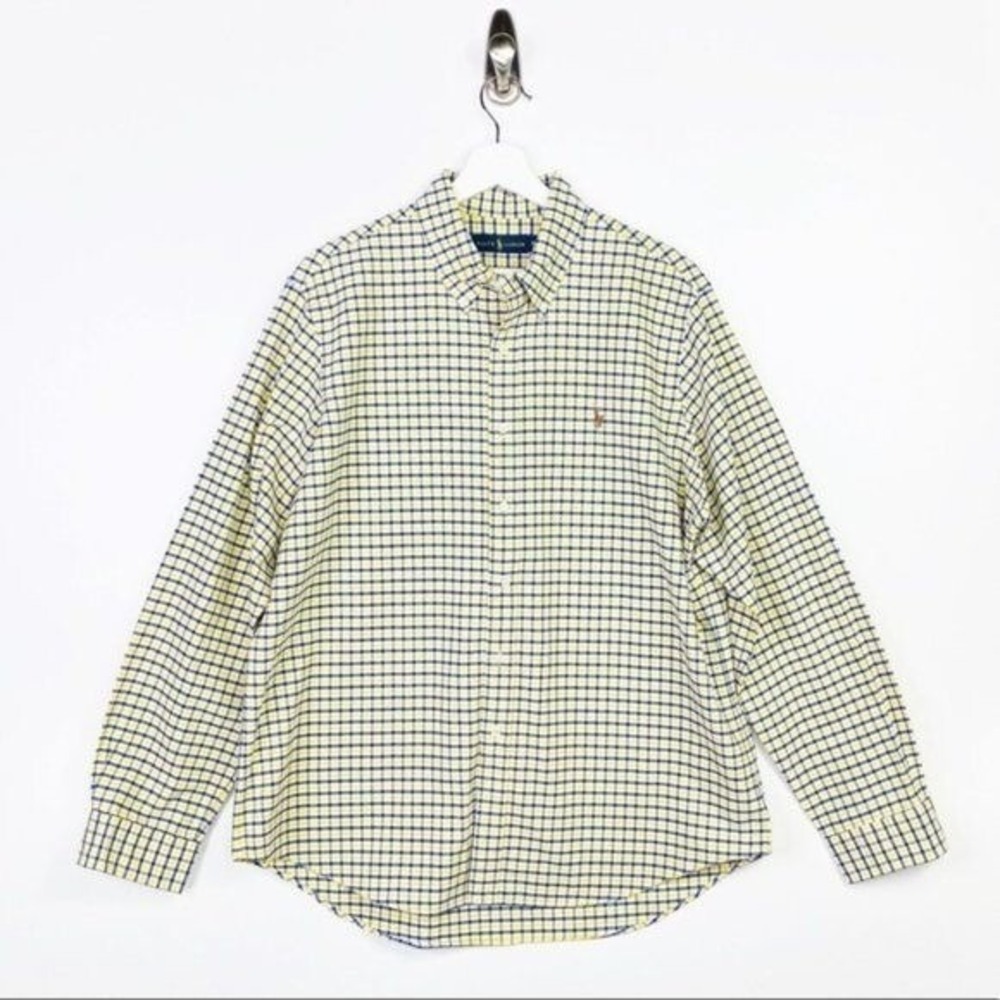 RALPH LAUREN XL Oxford Button Down Long Sleeve Dress‎ Shirt Yellow White Blue